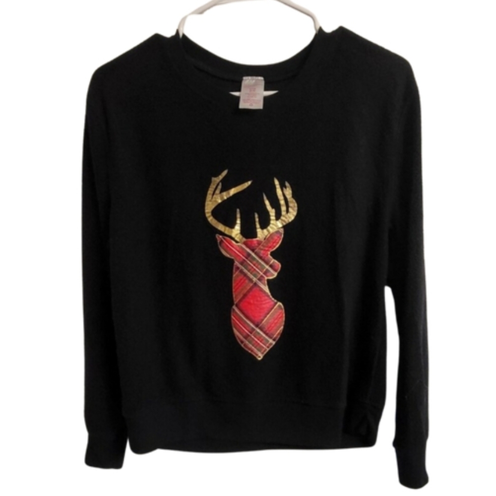 NWOT Women's black fleece small sweatshirt holiday red plaid gold foil reindeer